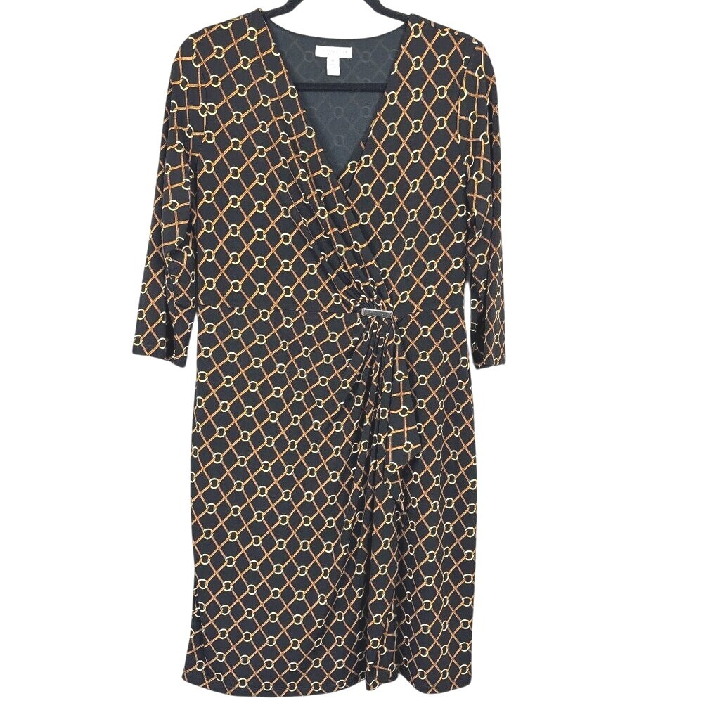 Charter Club Faux Wrap Midi Dress Womens Petite Large Black Gold Geometric Chain